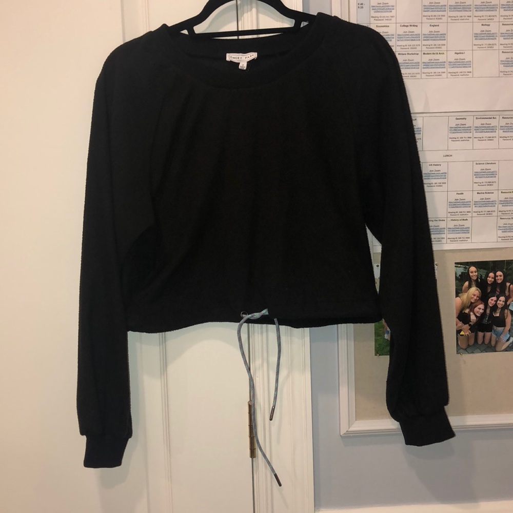 NWT black sweatshirt with tie on bottom
